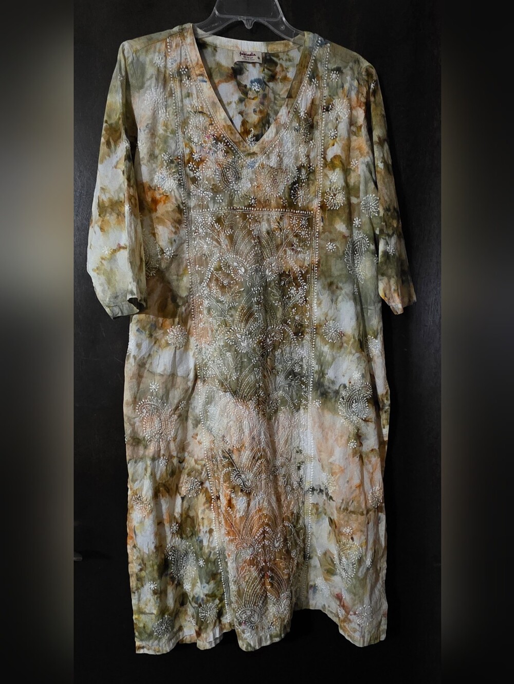 fabindia Beige Cream Tie-Dye Embroidered V-Neck Kutra Dress Cover-up Size L